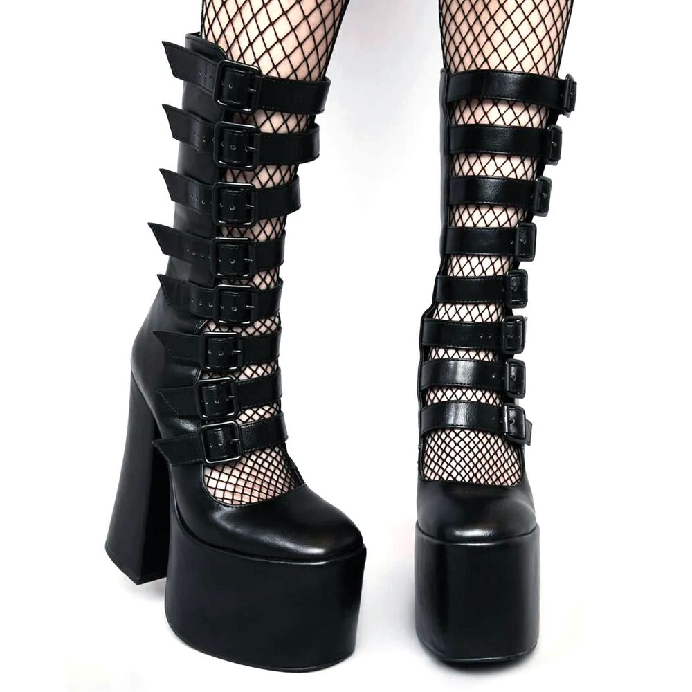 Widow Strappy Buckle Boots 6M Black Vegan Leather Gone Haywire Platform Gothic - Picture 15 of 16